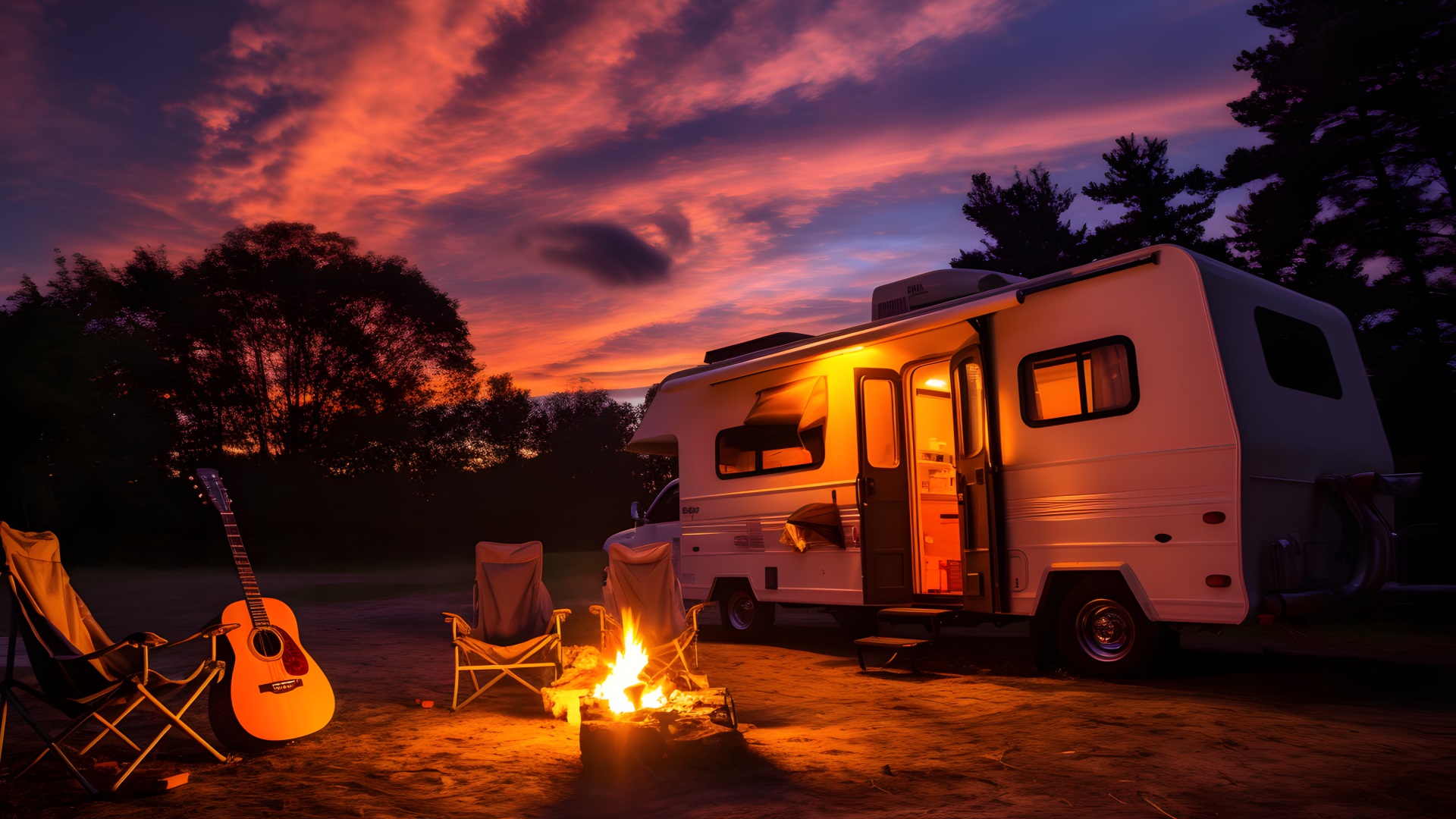 RV Camp with fire, chairs, and guitar. Columbia, SC for Long-Term RV Living with Southern Comfort RV Camp.