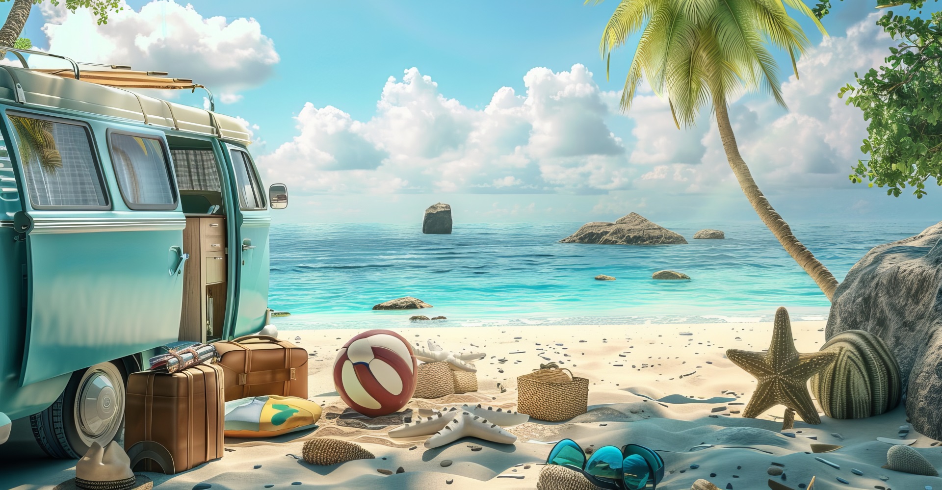 Summer vacation, travel holiday, van and beach accessories