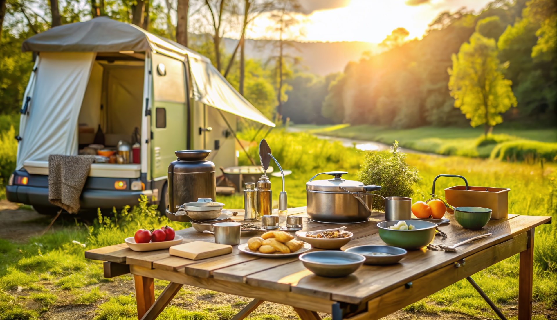 Picnic table with food and RV in background.