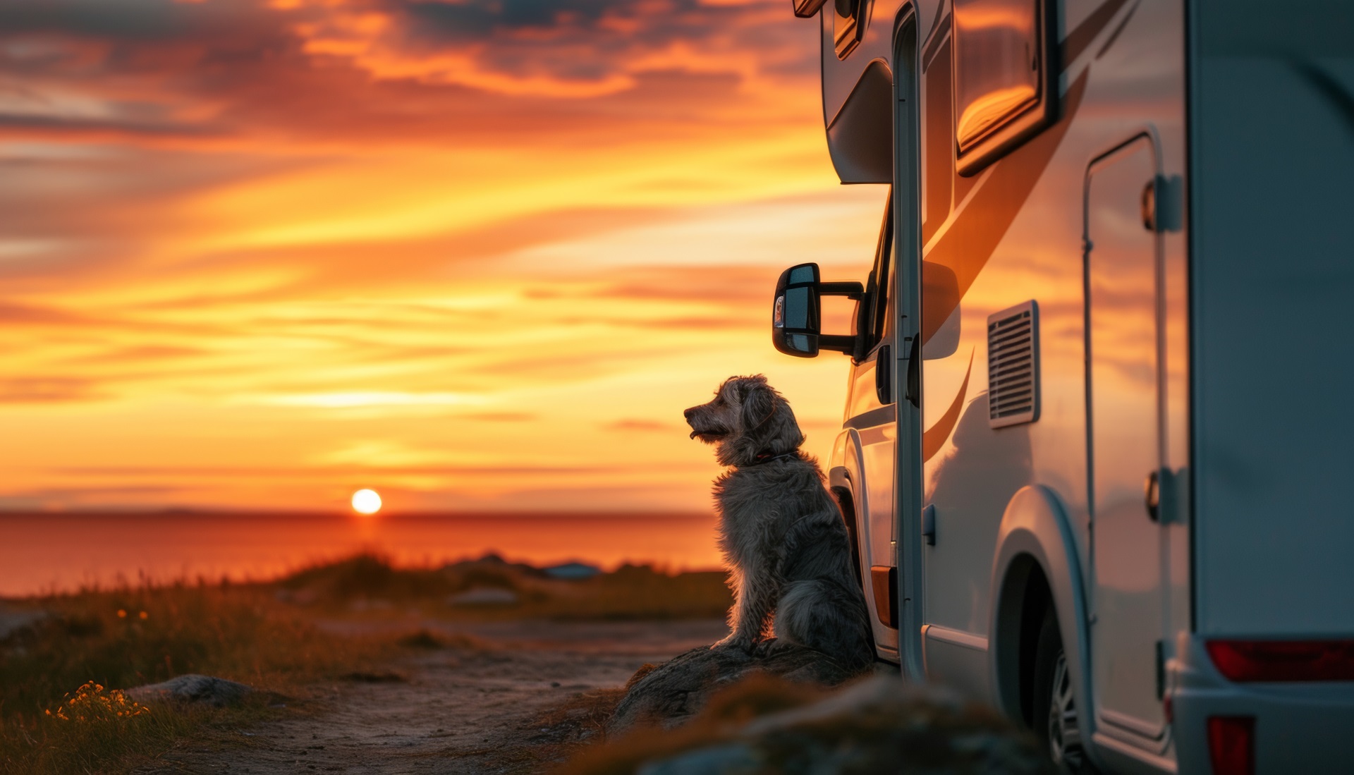 Pretty dog sitting nect to an RV camper with sunset in background. Southern Comfort RV Park Near Columbia SC